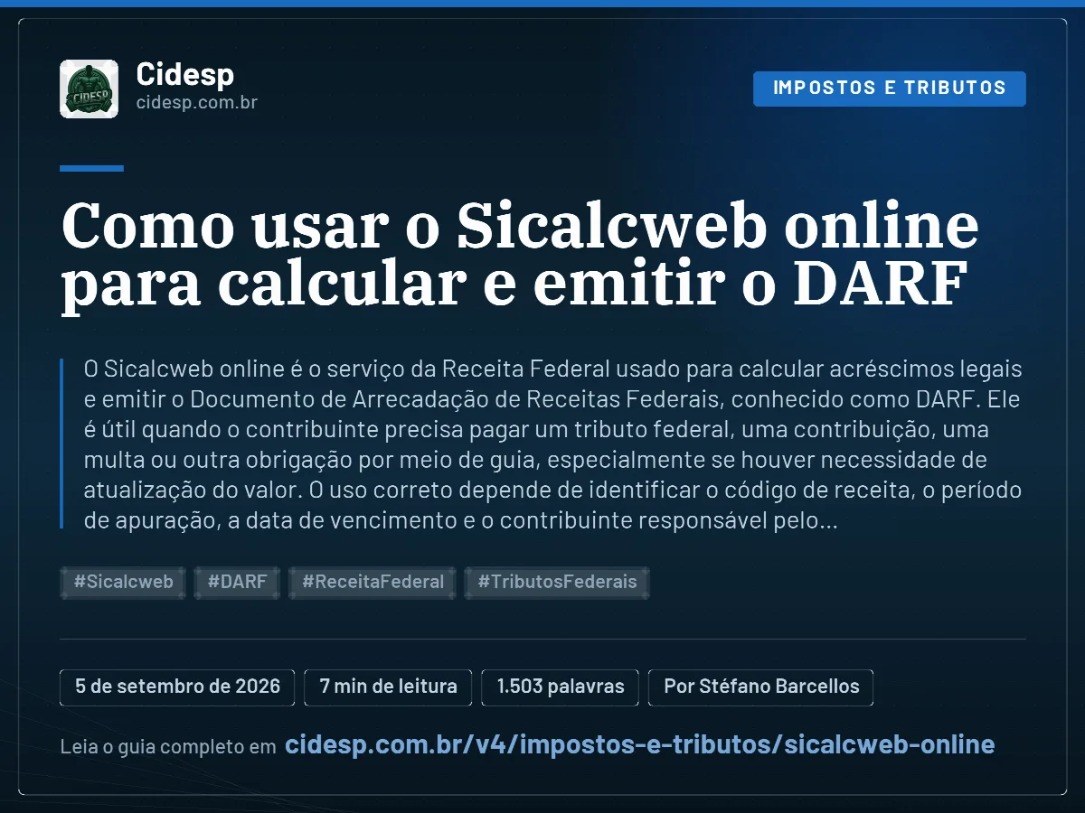 Cartão do artigo “Como usar o Sicalcweb online para calcular e emitir o DARF”, com resumo, data de publicação e endereço da página.