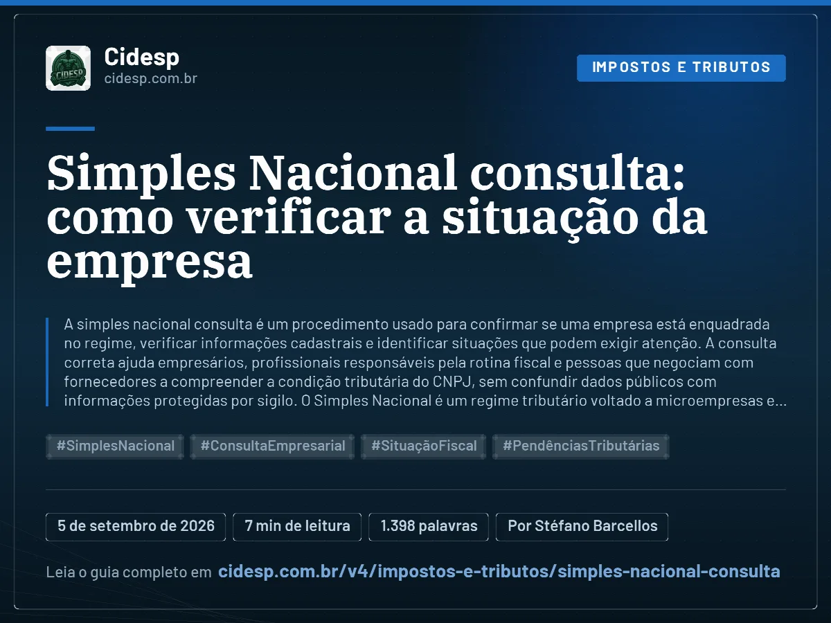 Cartão do artigo “Simples Nacional consulta: como verificar a situação da empresa”, com resumo, data de publicação e endereço da página.