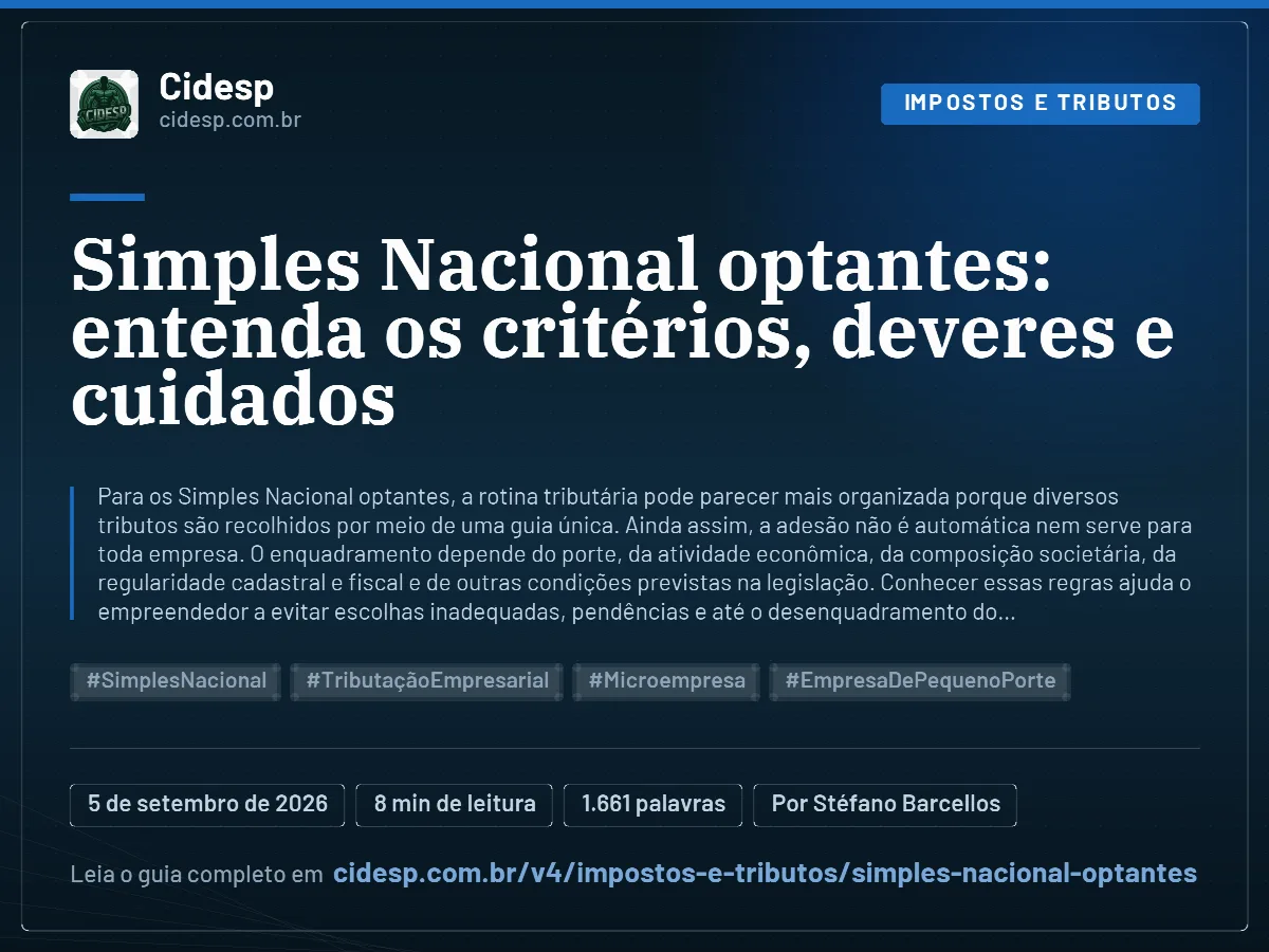 Cartão do artigo “Simples Nacional optantes: entenda os critérios, deveres e cuidados”, com resumo, data de publicação e endereço da página.