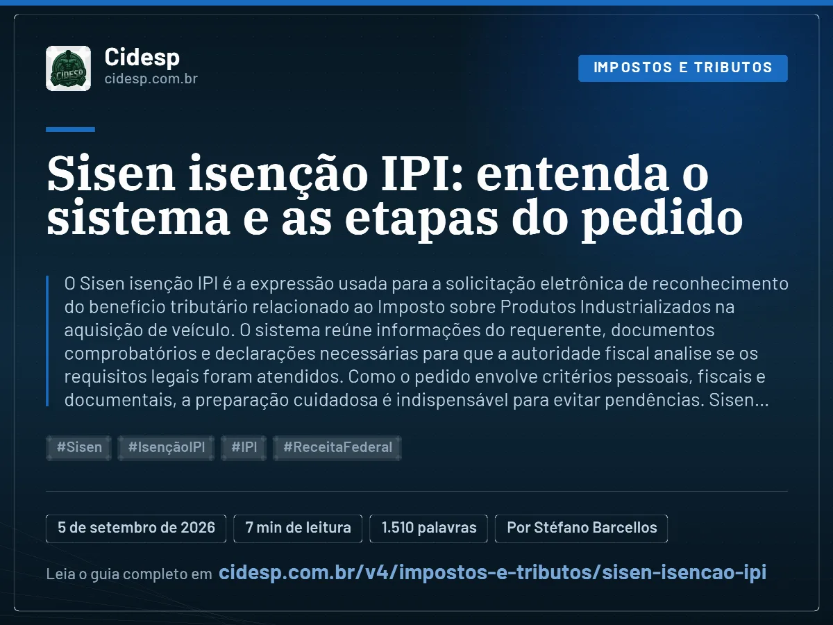 Cartão do artigo “Sisen isenção IPI: entenda o sistema e as etapas do pedido”, com resumo, data de publicação e endereço da página.