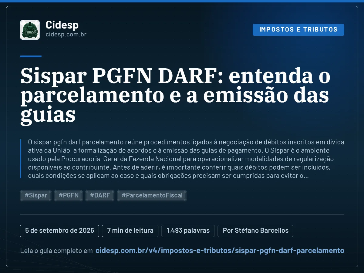 Cartão do artigo “Sispar PGFN DARF: entenda o parcelamento e a emissão das guias”, com resumo, data de publicação e endereço da página.