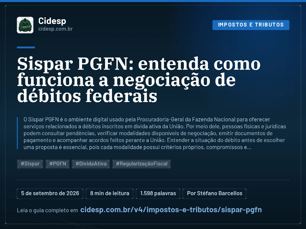Cartão do artigo “Sispar PGFN: entenda como funciona a negociação de débitos federais”, com resumo, data de publicação e endereço da página.