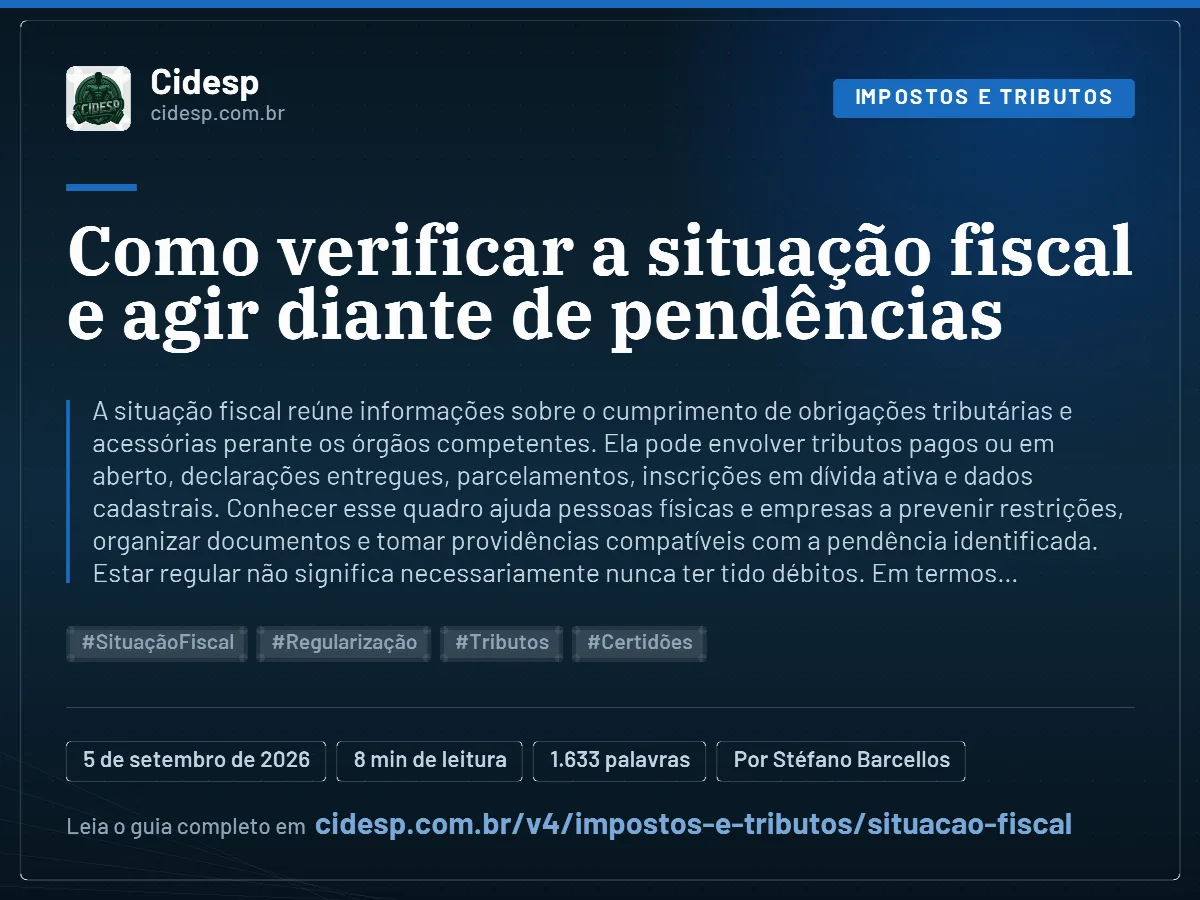 Cartão do artigo “Como verificar a situação fiscal e agir diante de pendências”, com resumo, data de publicação e endereço da página.