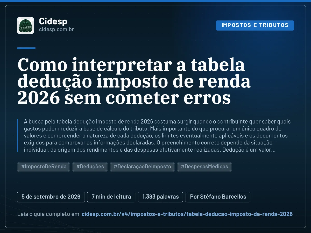 Cartão do artigo “Como interpretar a tabela dedução imposto de renda 2026 sem cometer erros”, com resumo, data de publicação e endereço da página.