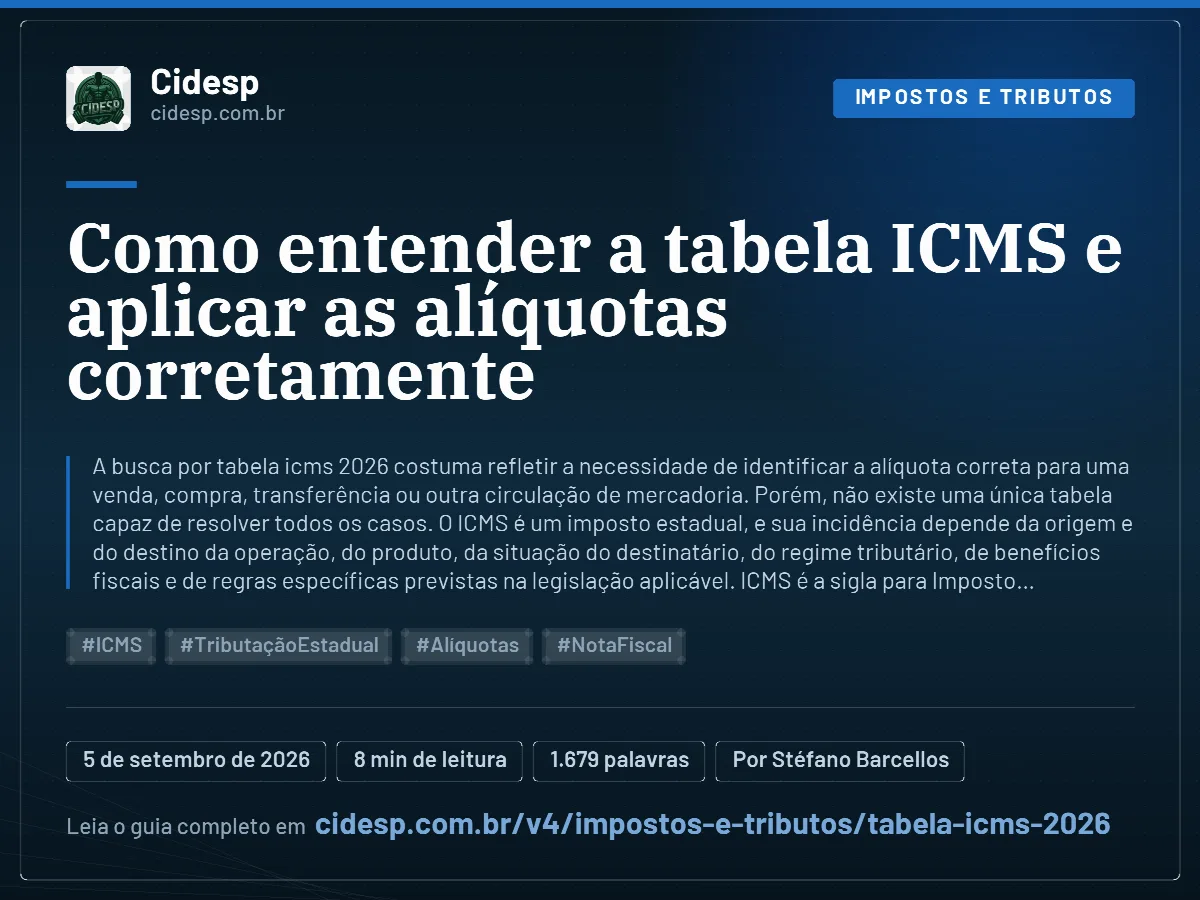 Cartão do artigo “Como entender a tabela ICMS e aplicar as alíquotas corretamente”, com resumo, data de publicação e endereço da página.