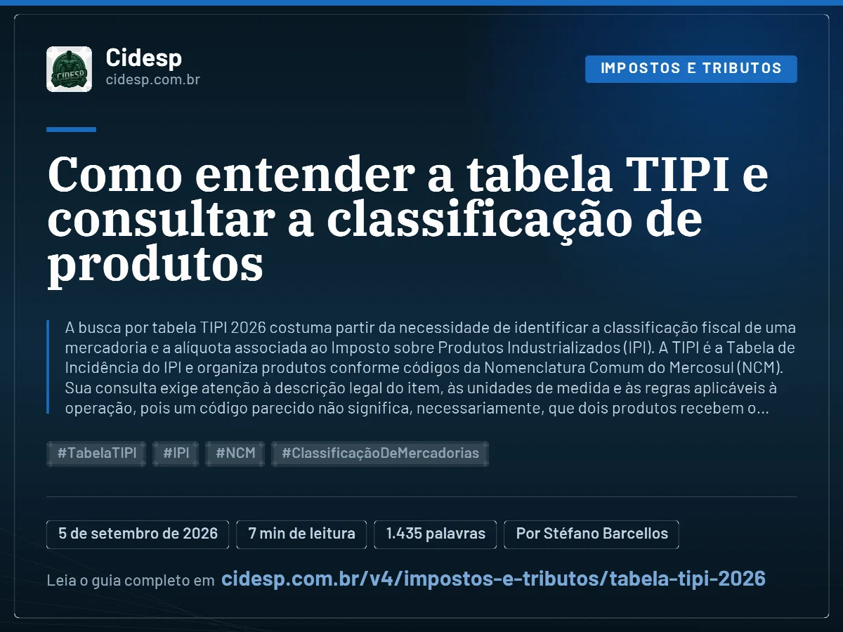 Cartão do artigo “Como entender a tabela TIPI e consultar a classificação de produtos”, com resumo, data de publicação e endereço da página.