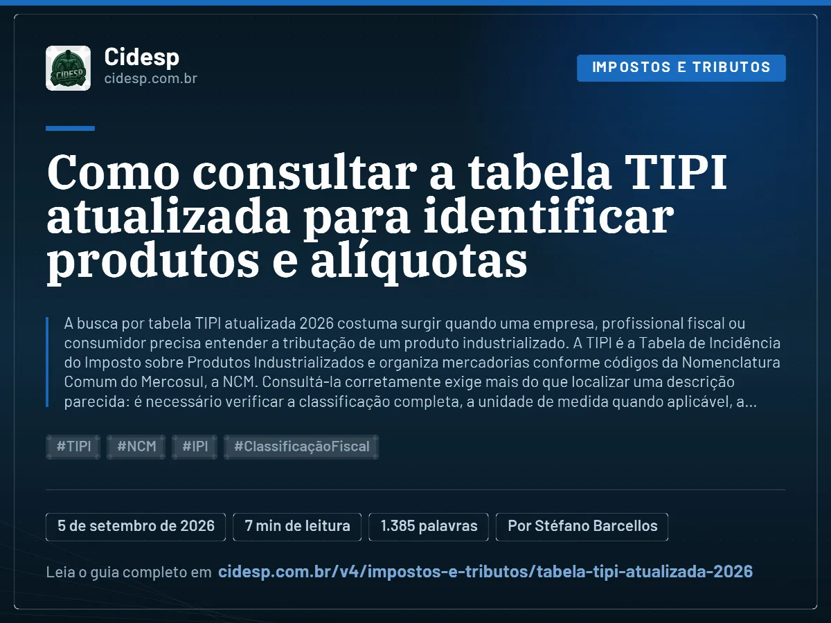 Cartão do artigo “Como consultar a tabela TIPI atualizada para identificar produtos e alíquotas”, com resumo, data de publicação e endereço da página.