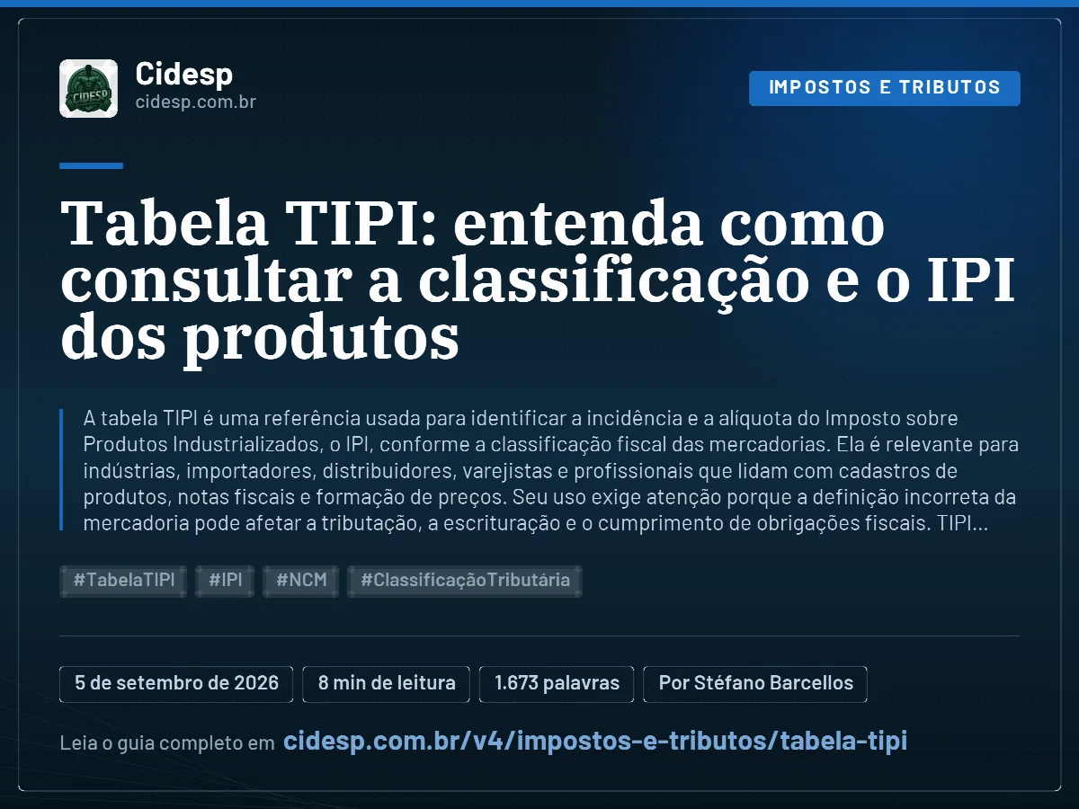 Cartão do artigo “Tabela TIPI: entenda como consultar a classificação e o IPI dos produtos”, com resumo, data de publicação e endereço da página.