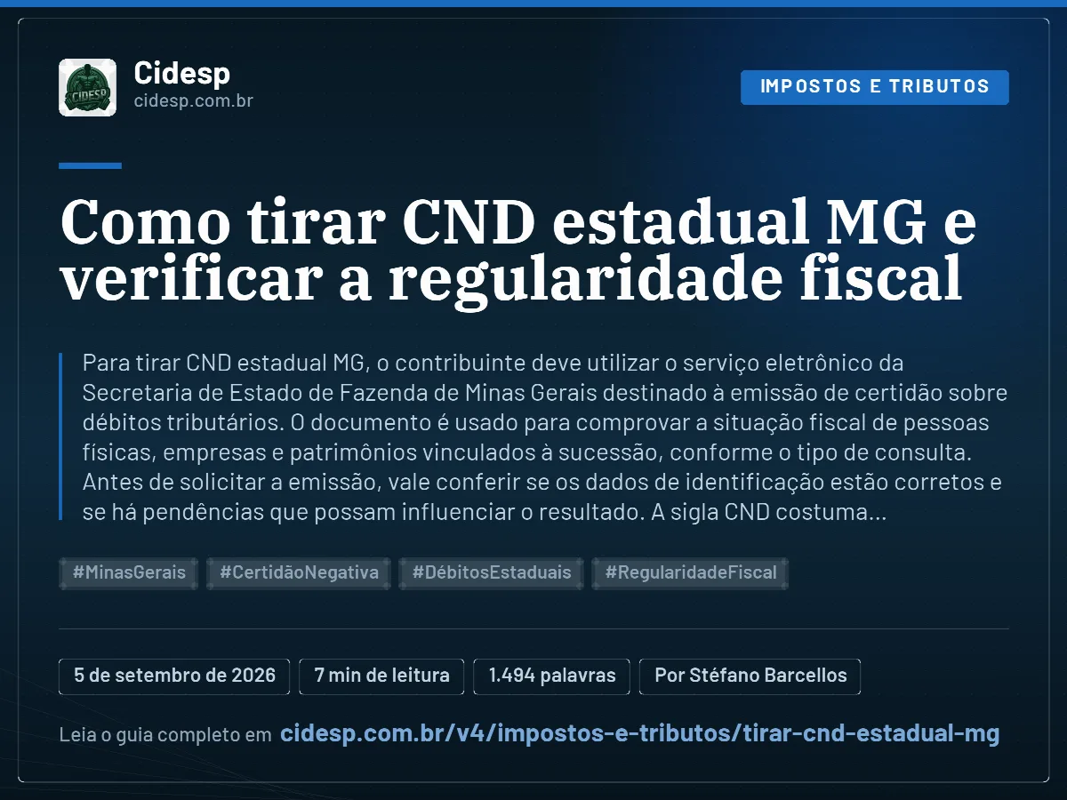 Cartão do artigo “Como tirar CND estadual MG e verificar a regularidade fiscal”, com resumo, data de publicação e endereço da página.