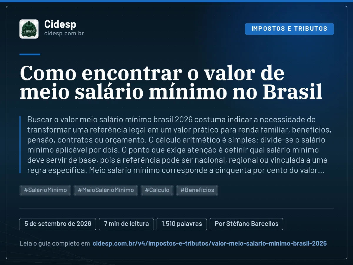 Cartão do artigo “Como encontrar o valor de meio salário mínimo no Brasil”, com resumo, data de publicação e endereço da página.