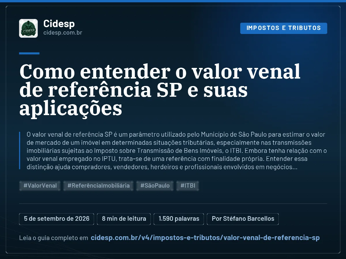 Cartão do artigo “Como entender o valor venal de referência SP e suas aplicações”, com resumo, data de publicação e endereço da página.