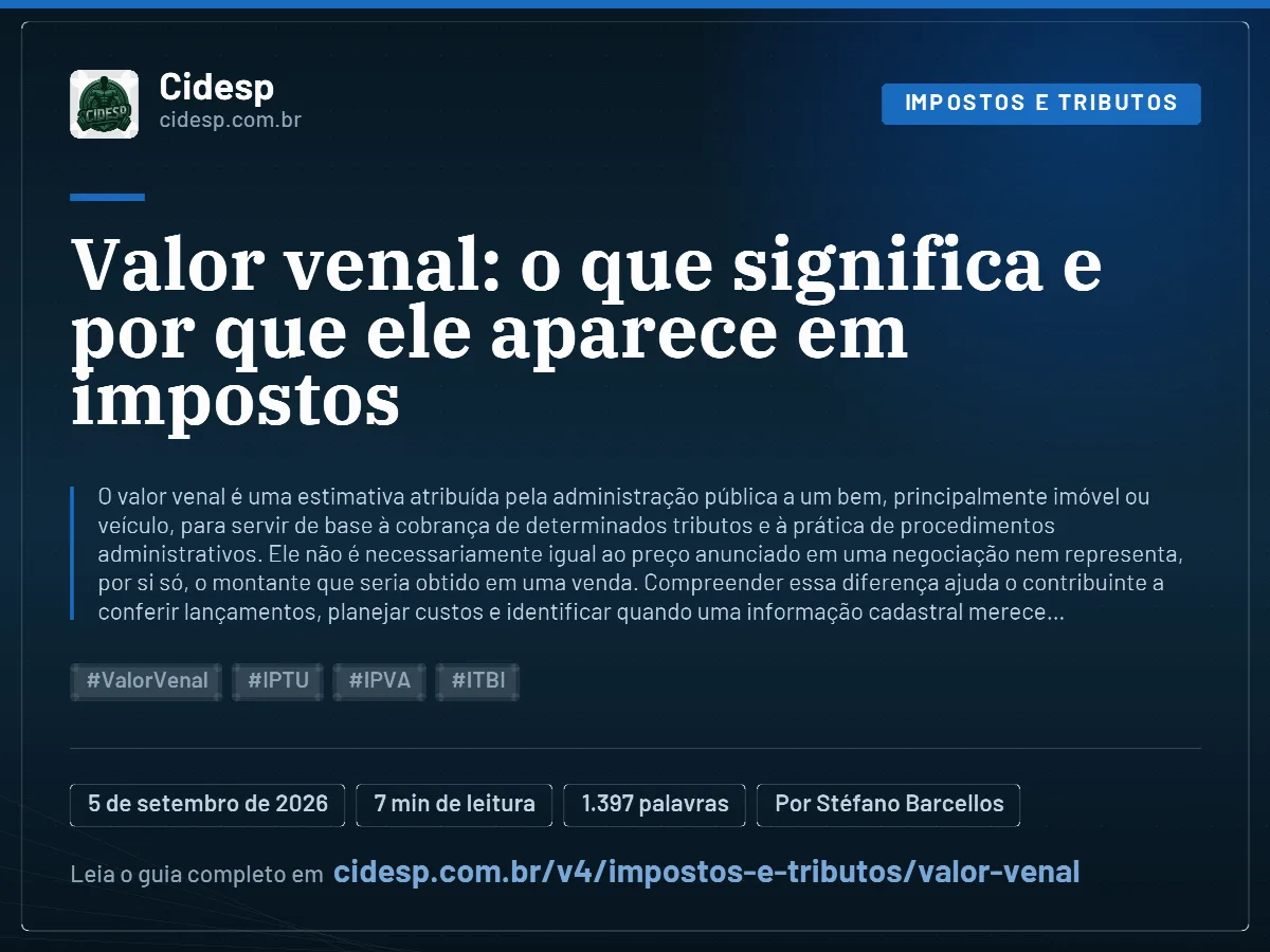 Cartão do artigo “Valor venal: o que significa e por que ele aparece em impostos”, com resumo, data de publicação e endereço da página.