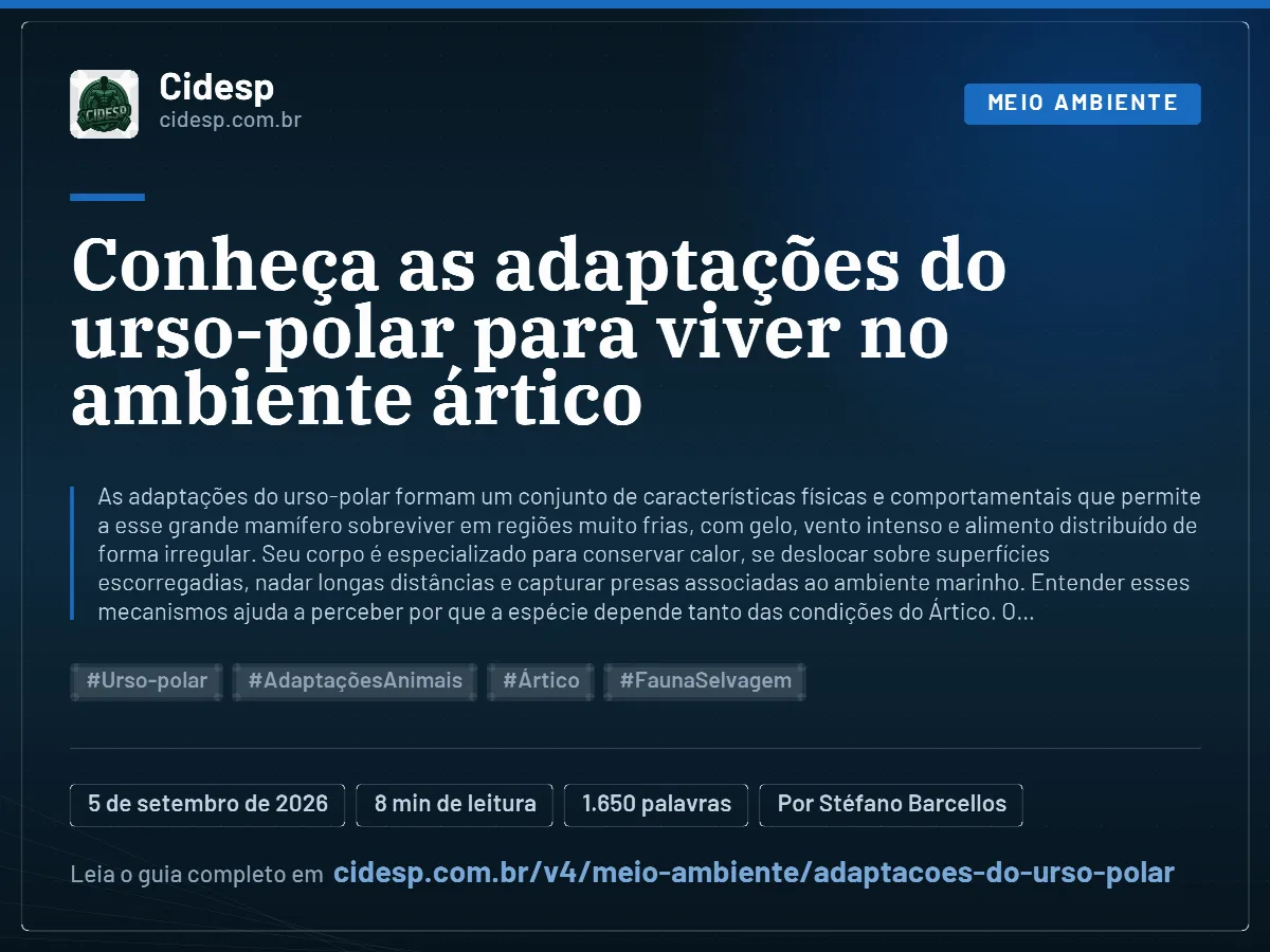 Cartão do artigo “Conheça as adaptações do urso-polar para viver no ambiente ártico”, com resumo, data de publicação e endereço da página.