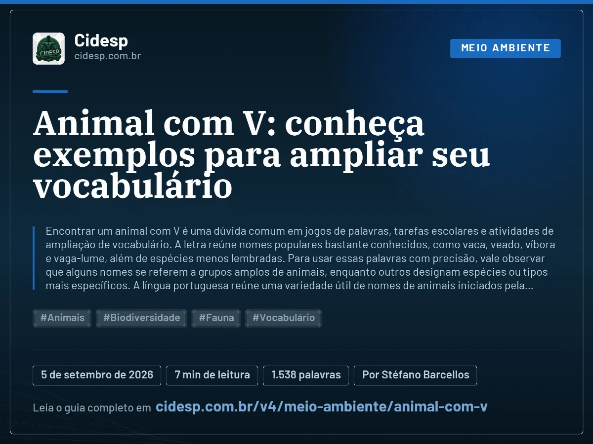 Cartão do artigo “Animal com V: conheça exemplos para ampliar seu vocabulário”, com resumo, data de publicação e endereço da página.