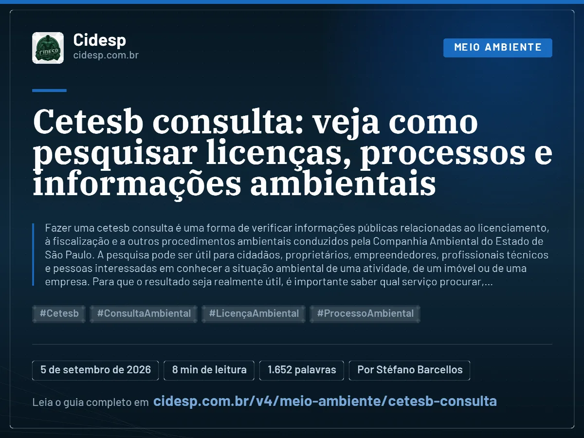 Cartão do artigo “Cetesb consulta: veja como pesquisar licenças, processos e informações ambientais”, com resumo, data de publicação e endereço da página.