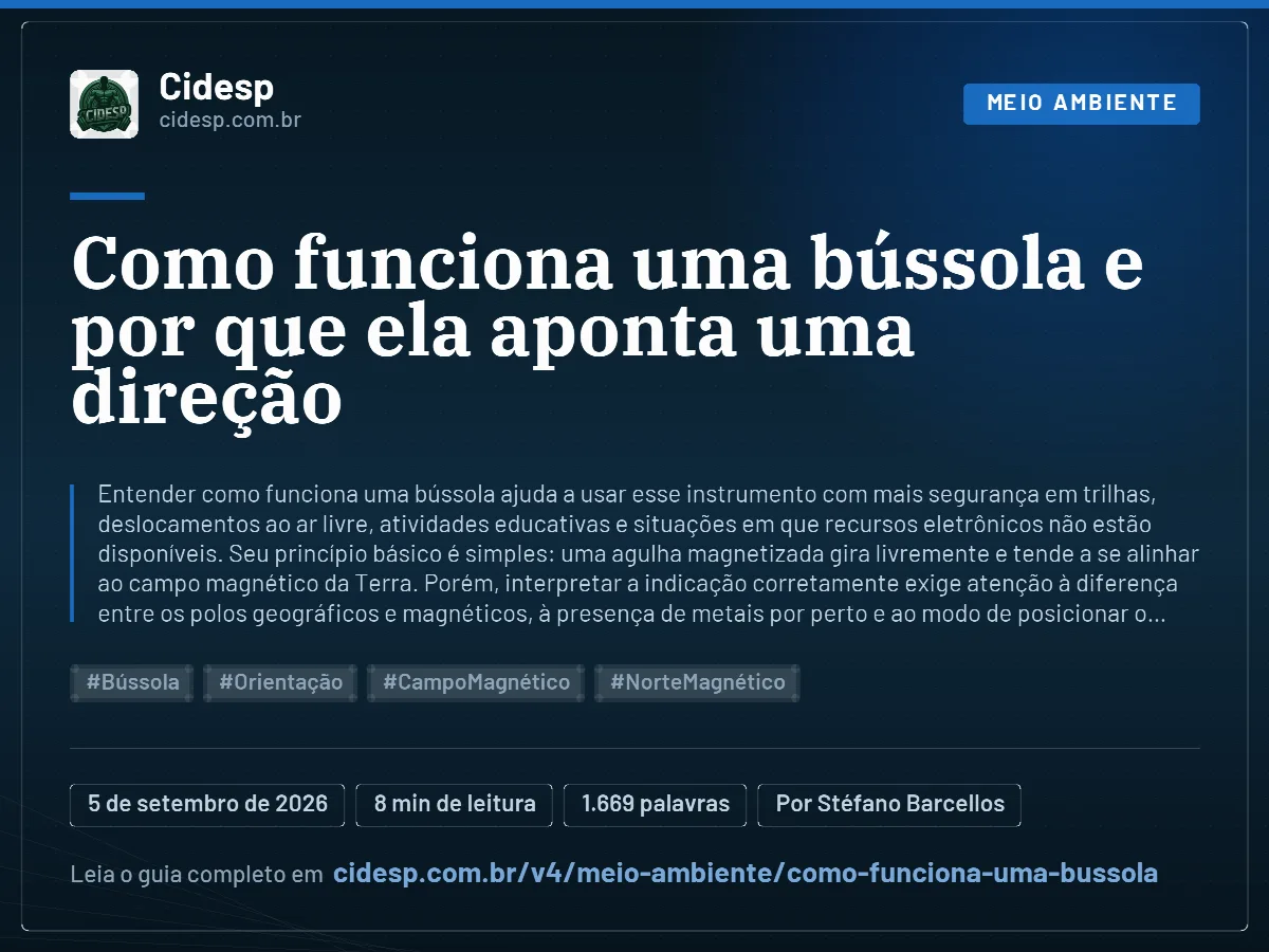 Cartão do artigo “Como funciona uma bússola e por que ela aponta uma direção”, com resumo, data de publicação e endereço da página.
