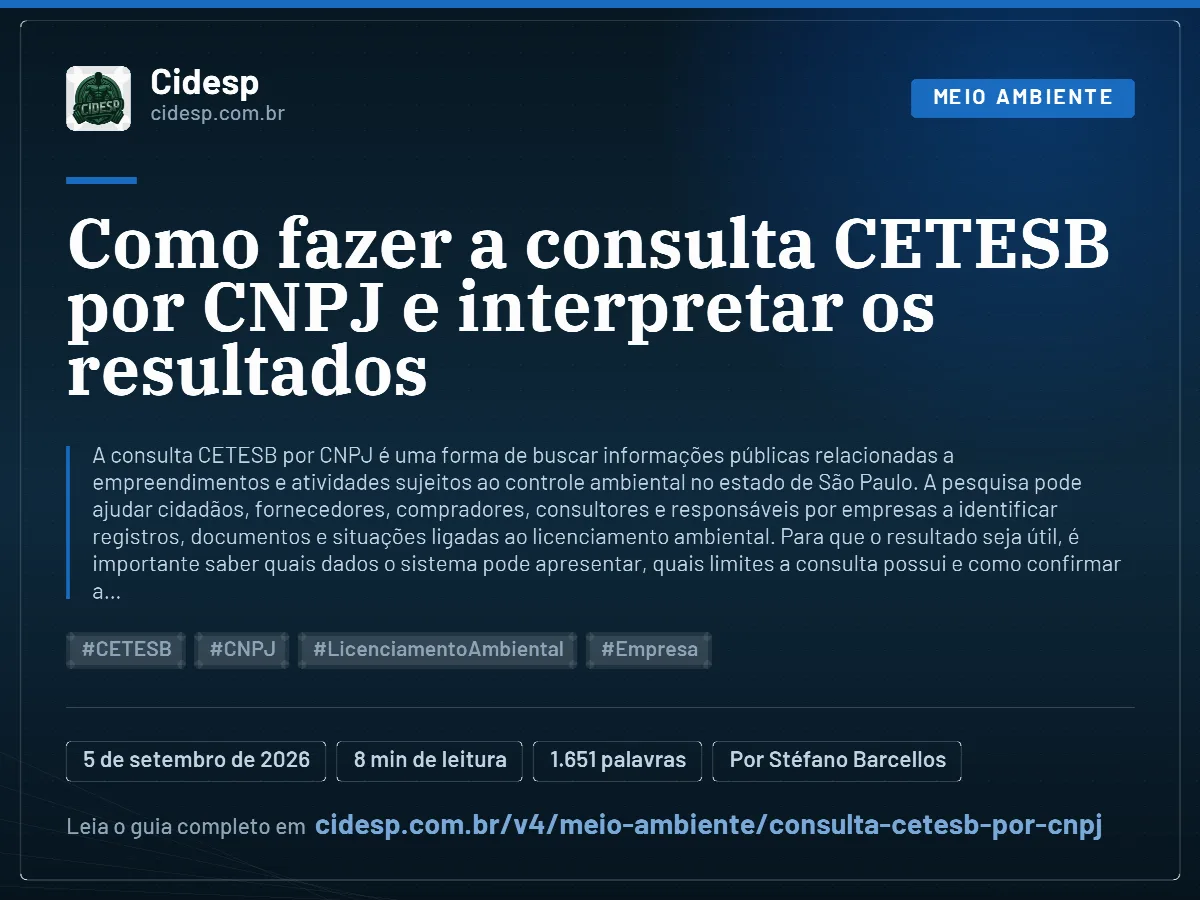 Cartão do artigo “Como fazer a consulta CETESB por CNPJ e interpretar os resultados”, com resumo, data de publicação e endereço da página.