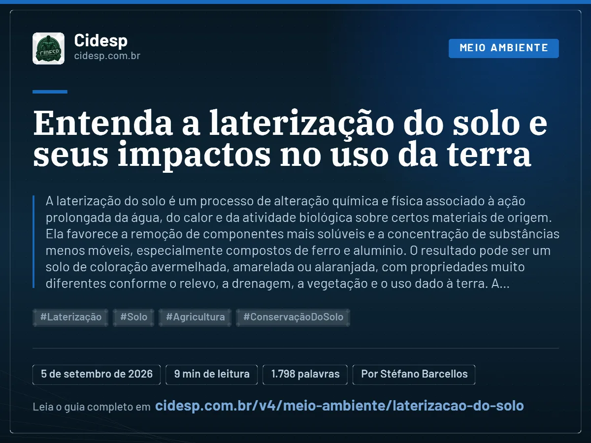 Cartão do artigo “Entenda a laterização do solo e seus impactos no uso da terra”, com resumo, data de publicação e endereço da página.