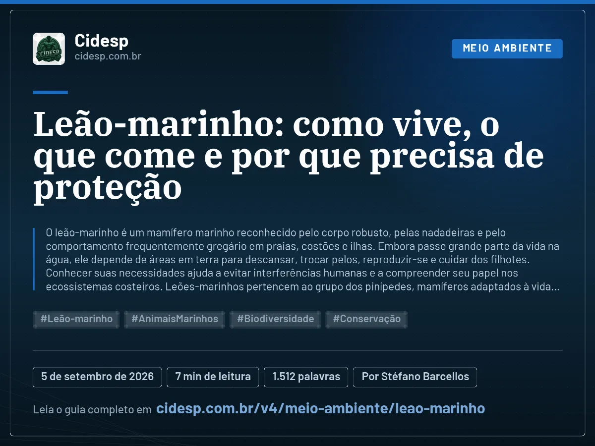 Cartão do artigo “Leão-marinho: como vive, o que come e por que precisa de proteção”, com resumo, data de publicação e endereço da página.