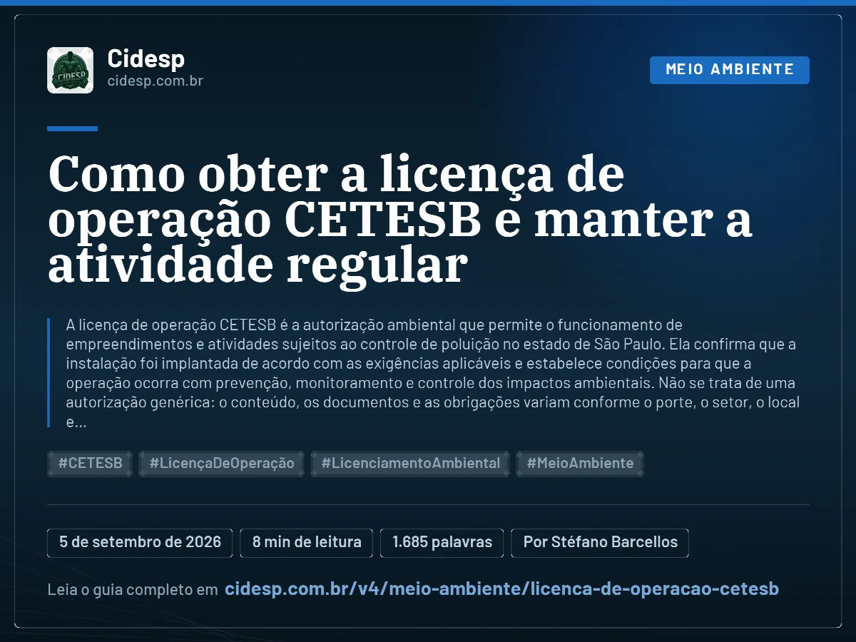 Cartão do artigo “Como obter a licença de operação CETESB e manter a atividade regular”, com resumo, data de publicação e endereço da página.