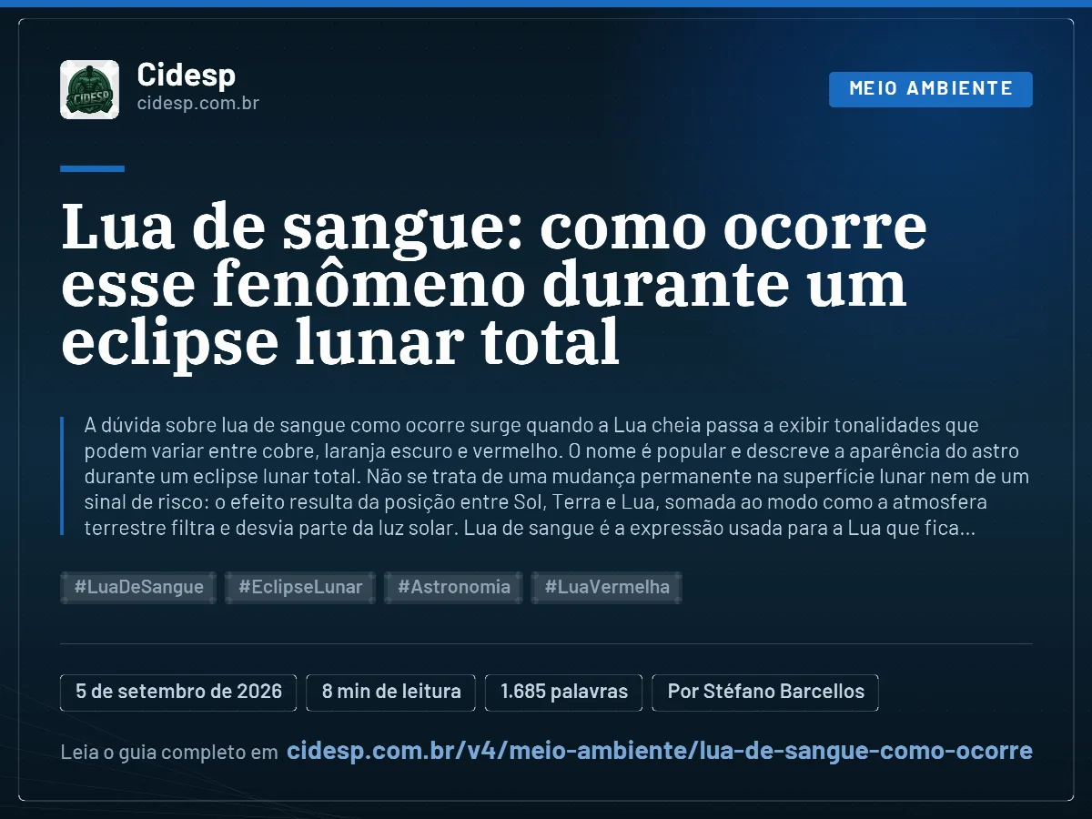 Cartão do artigo “Lua de sangue: como ocorre esse fenômeno durante um eclipse lunar total”, com resumo, data de publicação e endereço da página.