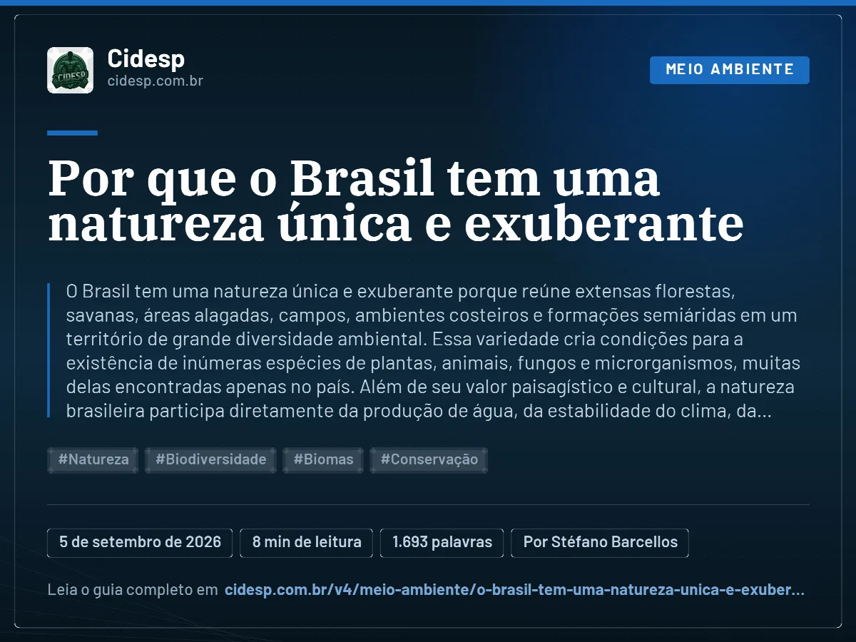 Cartão do artigo “Por que o Brasil tem uma natureza única e exuberante”, com resumo, data de publicação e endereço da página.