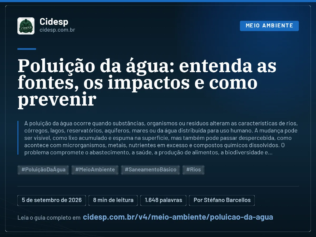 Cartão do artigo “Poluição da água: entenda as fontes, os impactos e como prevenir”, com resumo, data de publicação e endereço da página.