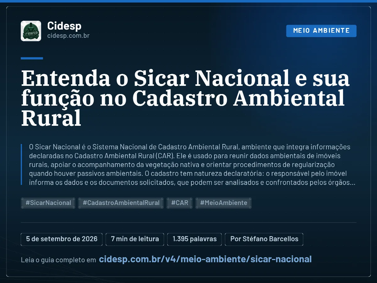 Cartão do artigo “Entenda o Sicar Nacional e sua função no Cadastro Ambiental Rural”, com resumo, data de publicação e endereço da página.