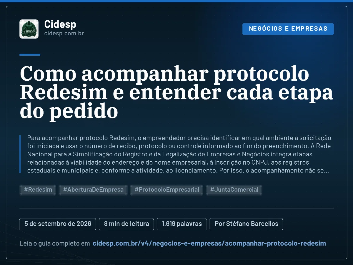 Cartão do artigo “Como acompanhar protocolo Redesim e entender cada etapa do pedido”, com resumo, data de publicação e endereço da página.
