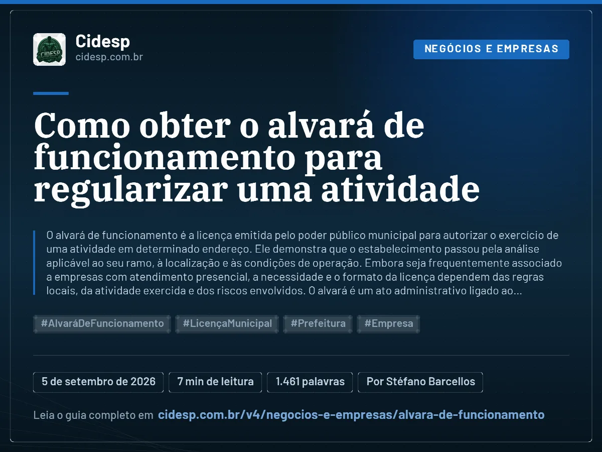 Cartão do artigo “Como obter o alvará de funcionamento para regularizar uma atividade”, com resumo, data de publicação e endereço da página.