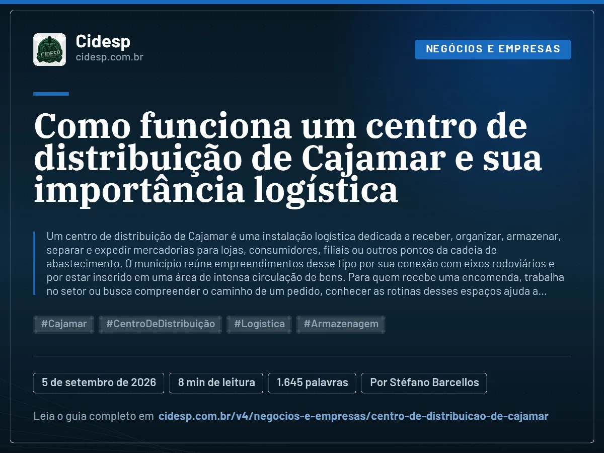 Cartão do artigo “Como funciona um centro de distribuição de Cajamar e sua importância logística”, com resumo, data de publicação e endereço da página.