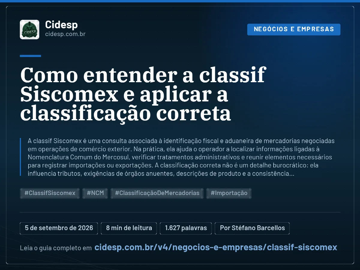 Cartão do artigo “Como entender a classif Siscomex e aplicar a classificação correta”, com resumo, data de publicação e endereço da página.