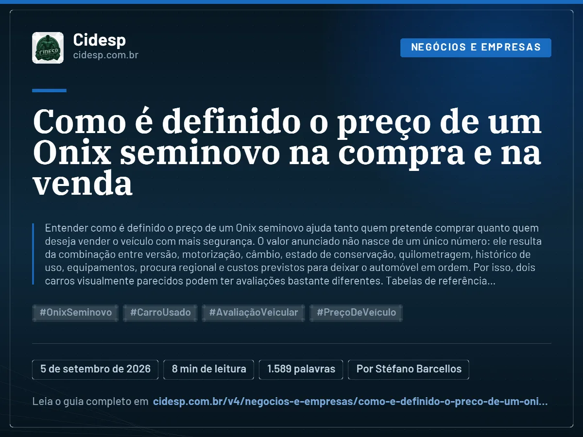 Cartão do artigo “Como é definido o preço de um Onix seminovo na compra e na venda”, com resumo, data de publicação e endereço da página.