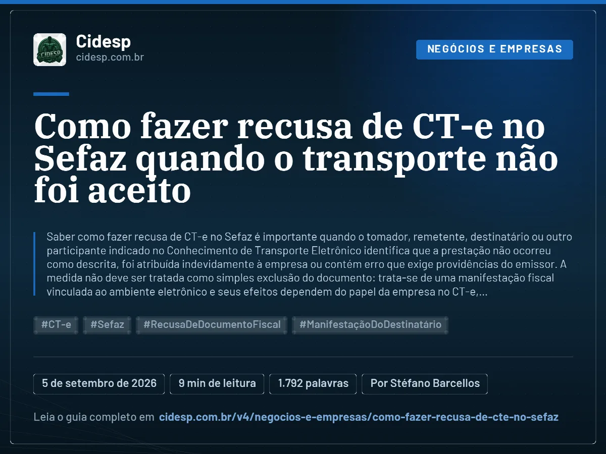 Cartão do artigo “Como fazer recusa de CT-e no Sefaz quando o transporte não foi aceito”, com resumo, data de publicação e endereço da página.