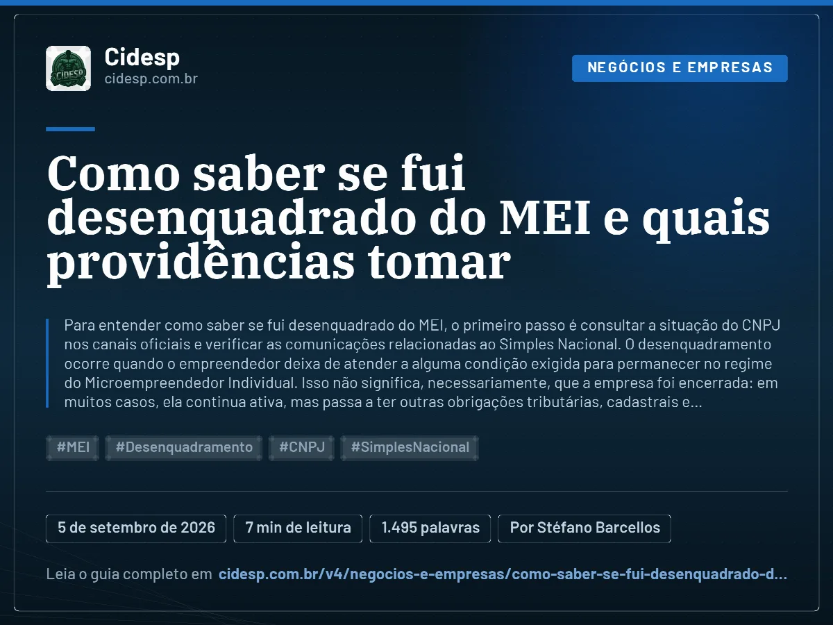 Cartão do artigo “Como saber se fui desenquadrado do MEI e quais providências tomar”, com resumo, data de publicação e endereço da página.
