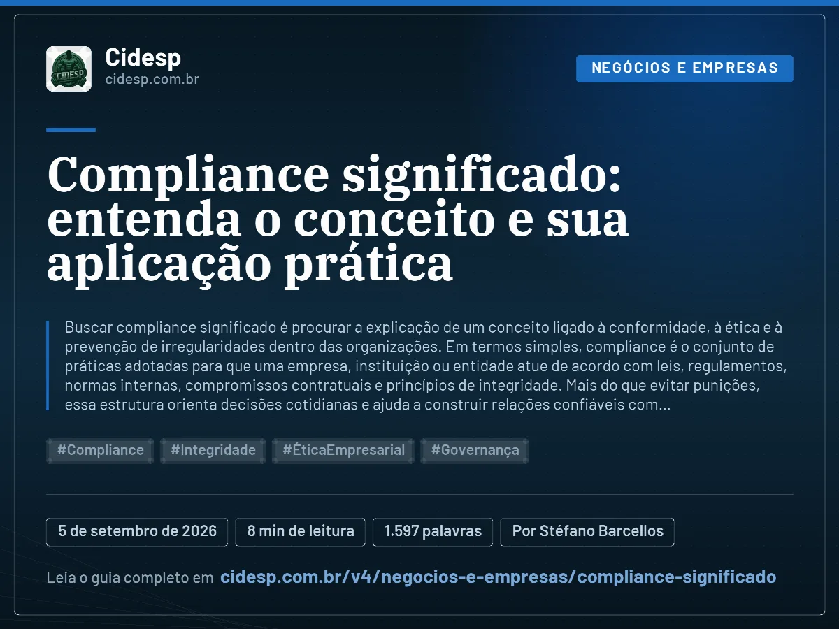 Cartão do artigo “Compliance significado: entenda o conceito e sua aplicação prática”, com resumo, data de publicação e endereço da página.