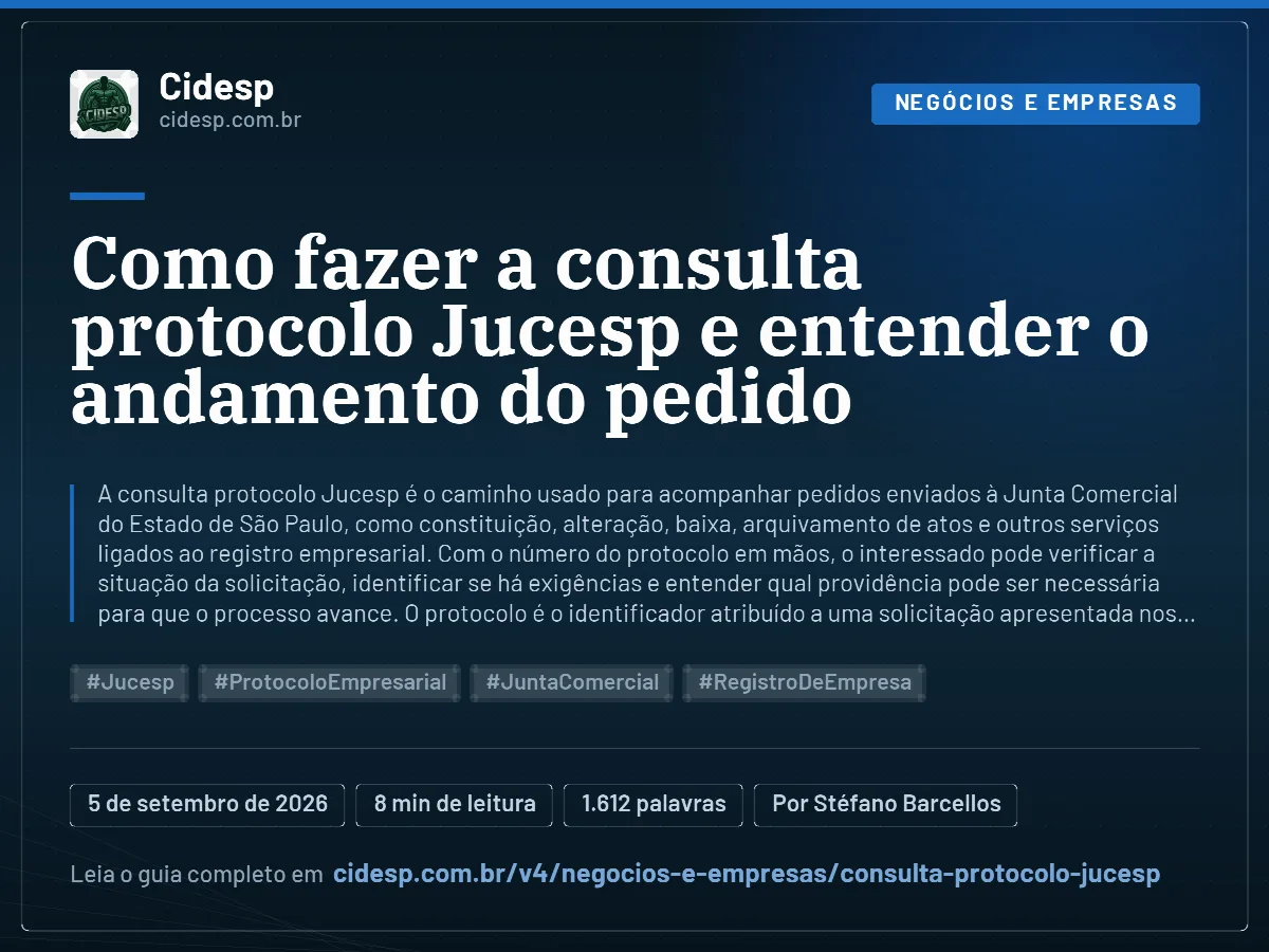 Cartão do artigo “Como fazer a consulta protocolo Jucesp e entender o andamento do pedido”, com resumo, data de publicação e endereço da página.