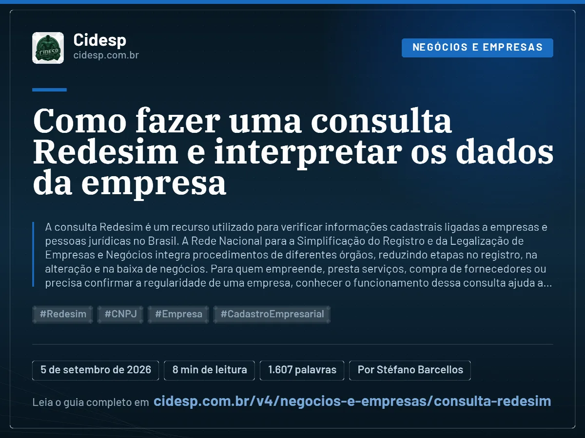 Cartão do artigo “Como fazer uma consulta Redesim e interpretar os dados da empresa”, com resumo, data de publicação e endereço da página.