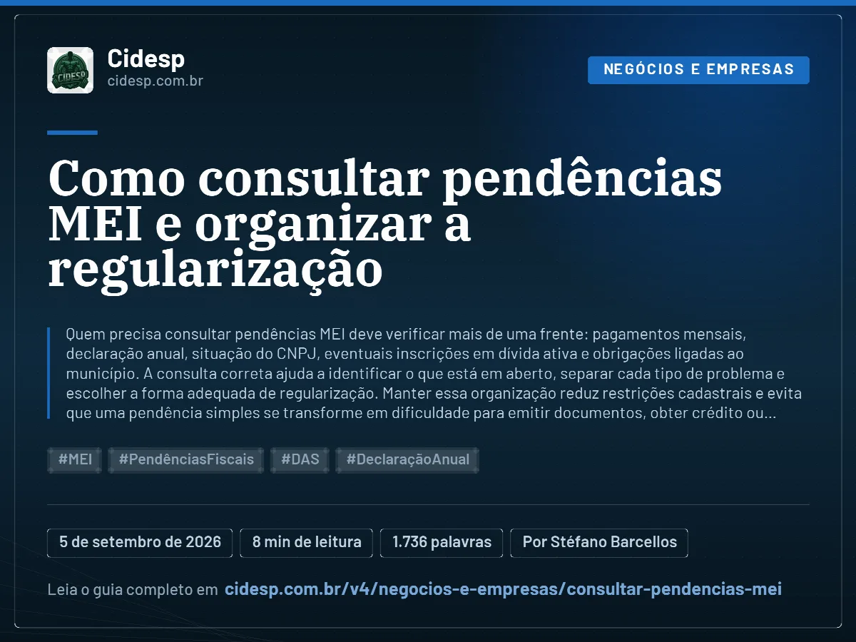 Cartão do artigo “Como consultar pendências MEI e organizar a regularização”, com resumo, data de publicação e endereço da página.