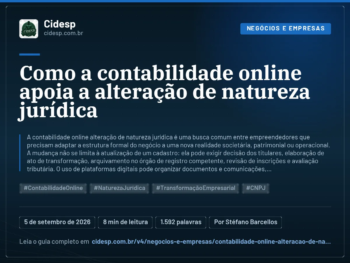 Cartão do artigo “Como a contabilidade online apoia a alteração de natureza jurídica”, com resumo, data de publicação e endereço da página.