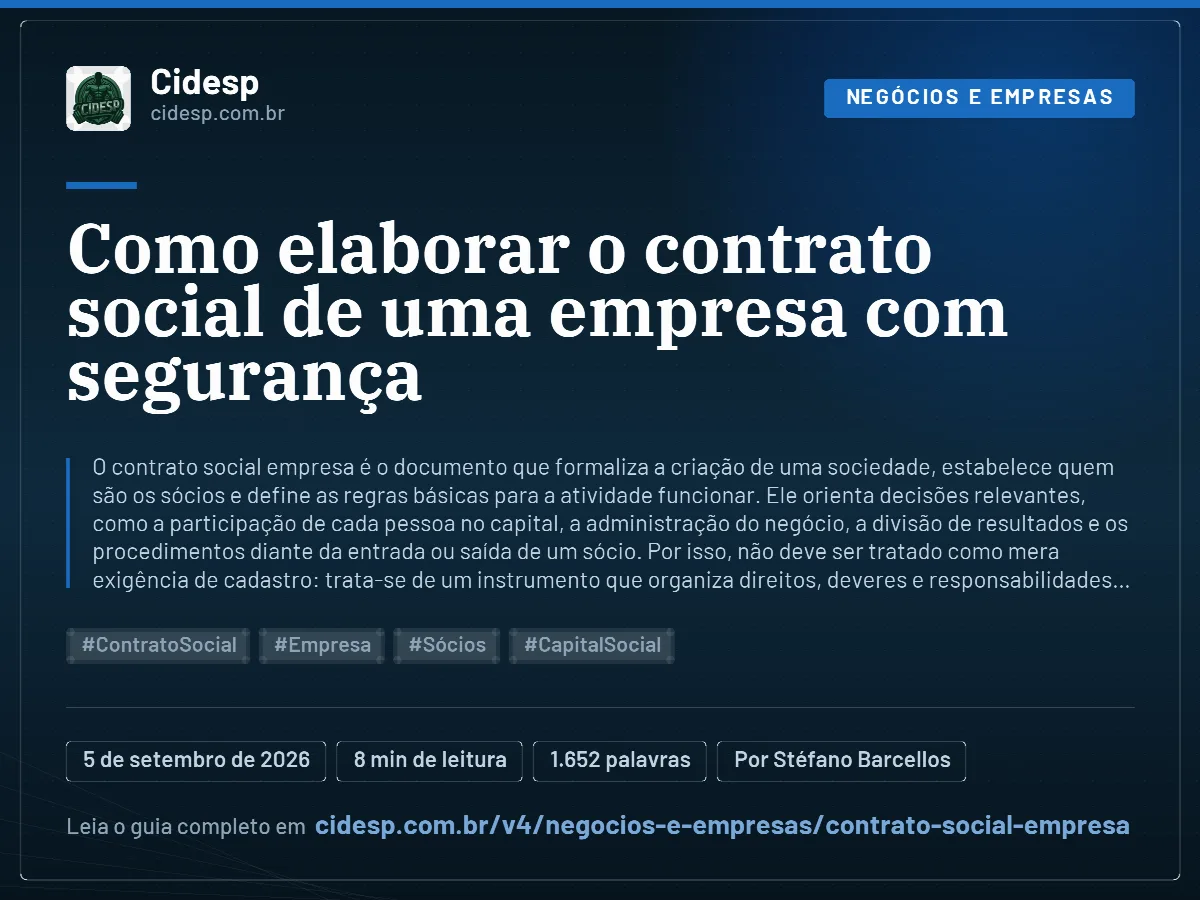 Cartão do artigo “Como elaborar o contrato social de uma empresa com segurança”, com resumo, data de publicação e endereço da página.