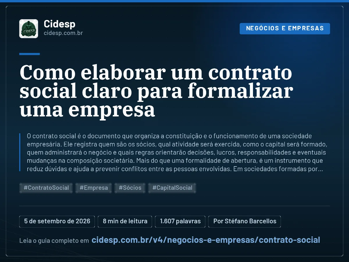 Cartão do artigo “Como elaborar um contrato social claro para formalizar uma empresa”, com resumo, data de publicação e endereço da página.