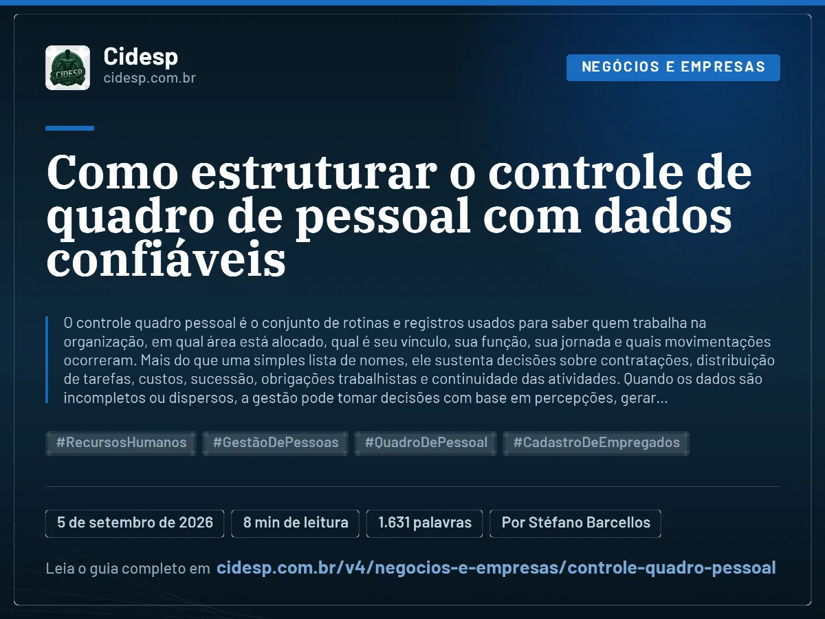 Cartão do artigo “Como estruturar o controle de quadro de pessoal com dados confiáveis”, com resumo, data de publicação e endereço da página.