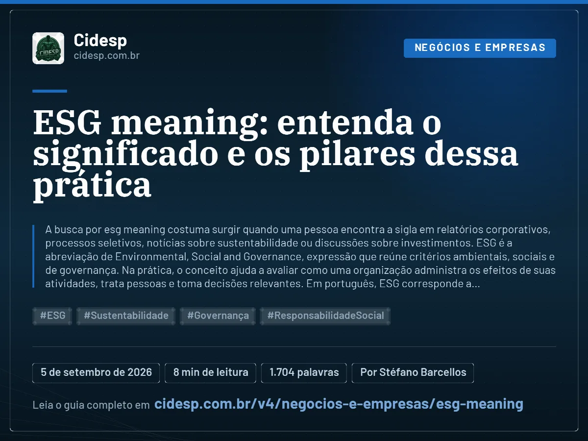 Cartão do artigo “ESG meaning: entenda o significado e os pilares dessa prática”, com resumo, data de publicação e endereço da página.