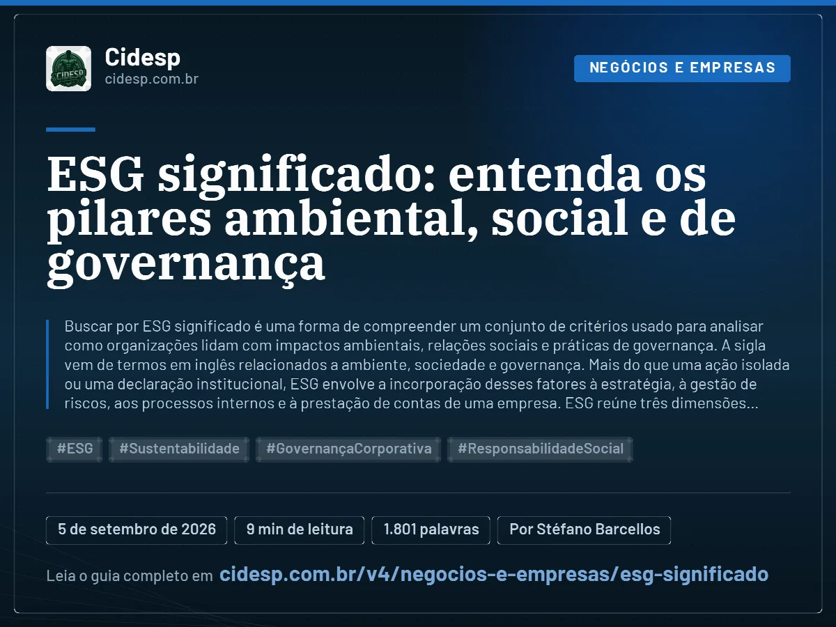 Cartão do artigo “ESG significado: entenda os pilares ambiental, social e de governança”, com resumo, data de publicação e endereço da página.