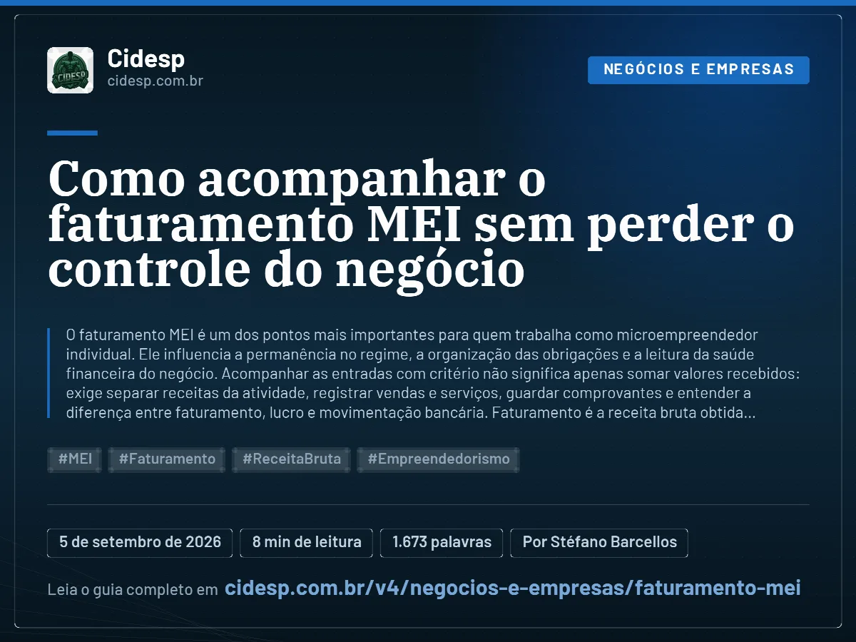 Cartão do artigo “Como acompanhar o faturamento MEI sem perder o controle do negócio”, com resumo, data de publicação e endereço da página.