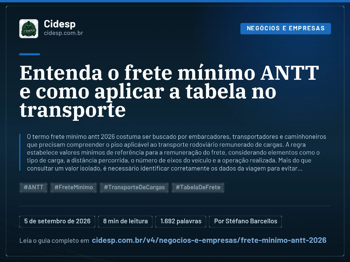 Cartão do artigo “Entenda o frete mínimo ANTT e como aplicar a tabela no transporte”, com resumo, data de publicação e endereço da página.