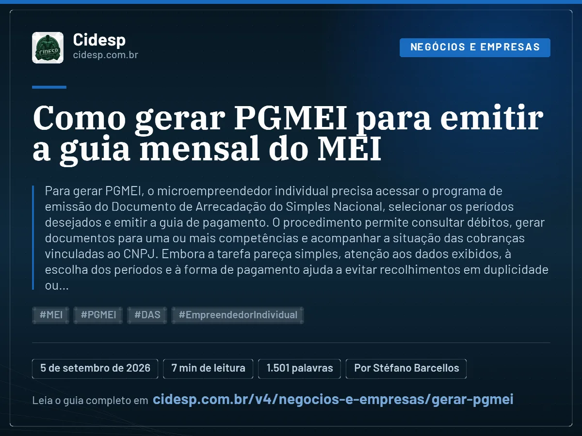 Cartão do artigo “Como gerar PGMEI para emitir a guia mensal do MEI”, com resumo, data de publicação e endereço da página.