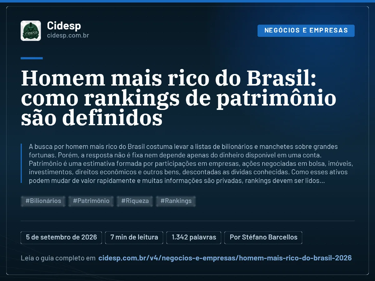 Cartão do artigo “Homem mais rico do Brasil: como rankings de patrimônio são definidos”, com resumo, data de publicação e endereço da página.