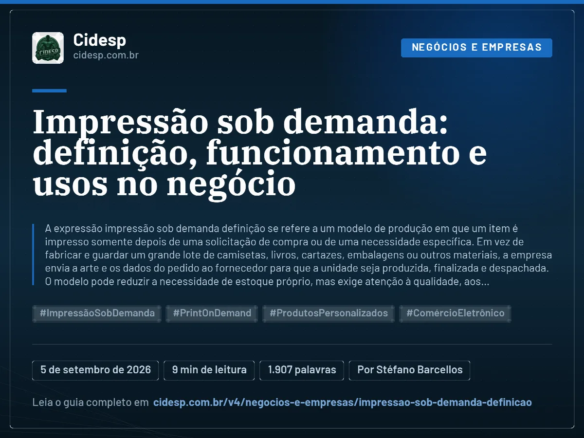 Cartão do artigo “Impressão sob demanda: definição, funcionamento e usos no negócio”, com resumo, data de publicação e endereço da página.